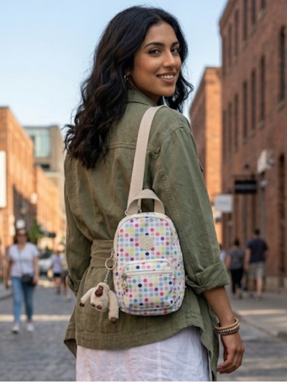 Kipling Multicolor Polka Dot Mini Sling Crossbody Bag with Monkey Charm